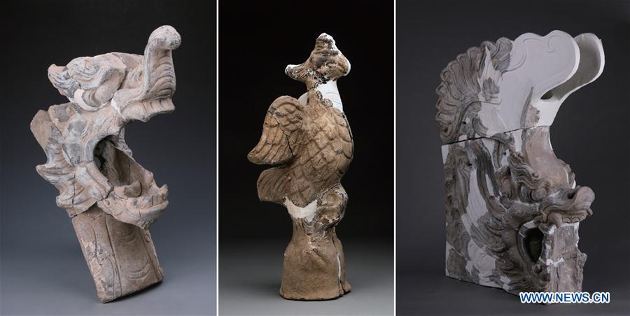 Combo photo shows construction components unearthed from an archaeological site of an ancient city built in the Jin Dynasty (1115-1234), at Taizicheng Village in Chongli District of Zhangjiakou City, north China\'s Hebei Province. Six archaeological findings including the Taizicheng site were named as China\'s new discoveries in 2018 by the Chinese Academy of Social Sciences in Beijing, capital of China, Jan. 10, 2019. (Xinhua)