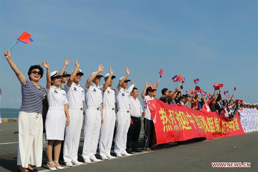 People welcome the 30th fleet of Chinese navy escort at Sihanoukville Autonomous Port, Cambodia, Jan. 9, 2019. The 30th Chinese naval escorting fleet, composed of missile frigates \