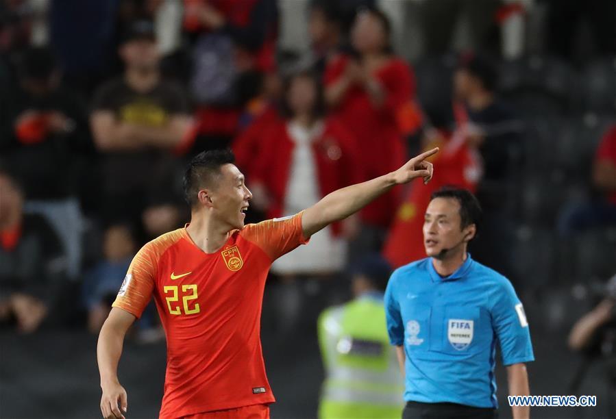 Yu Dabao (L) of China celebrates scoring during the 2019 AFC Asian Cup UAE 2019 group C match between China and the Philippines in Abu Dhabi, the United Arab Emirates (UAE), Jan. 11, 2019. China won 3-0. (Xinhua/Cao Can)
