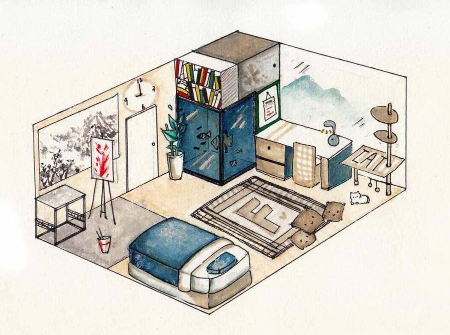 An example of the living alone drawings done by 10th grade students from Changzhou No 2 Middle School. (Photo provided to chinadaily.com.cn)

Drawings showing ideal apartments for living alone, made by 10th grade students from Changzhou No 2 Middle School in East China\'s Jiangsu Province, recently went viral online.

Jiang Yue, an art teacher at the school, said the homework assignment of designing an apartment for living alone was welcomed by the students. More than 300 submitted their drawings.

\