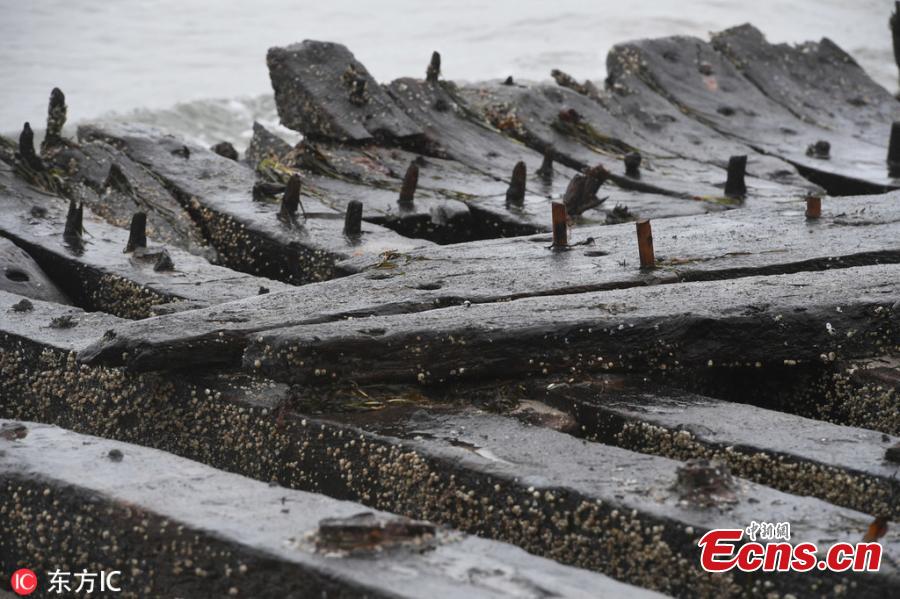 Photo taken on Jan. 15, 2019 shows the storm of the past few days has exposed an old shipwreck on the coast of the German island of Rügen. During the two storms in January, the beach in front of Glowe lost up to one meter of its height. According to experts, it is supposed to be a merchant ship from the 18th century due to its design. (Photo/IC)