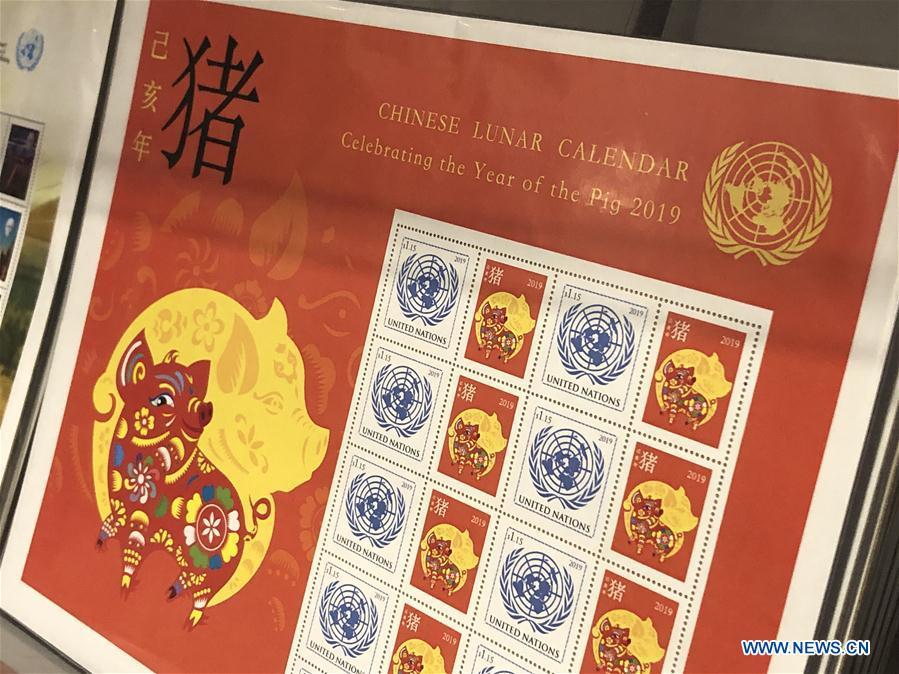 This photo taken on Jan. 15, 2019 shows a stamp sheet featuring the Year of Pig at the United Nations headquarters in New York. The UN Postal Administration (UNPA) has issued the special stamp sheet to welcome the Chinese Lunar New Year, which falls on Feb. 5 this year and marks the Year of Pig in the Chinese calendar. (Xinhua/Li Muzi)