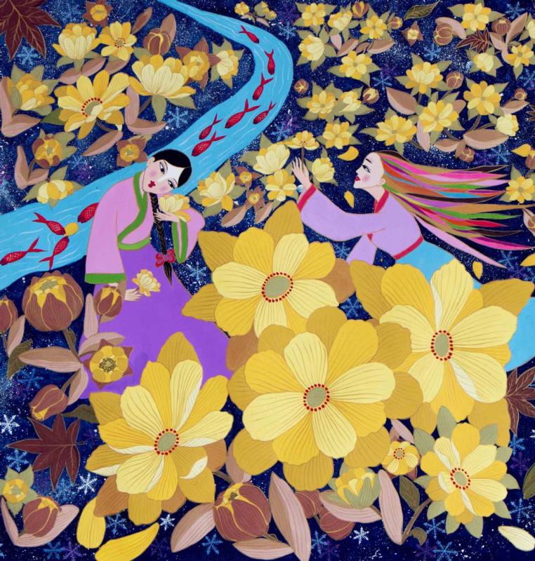 A painting by Yu Xian, a native of Huadian, Northeast China\'s Jilin Province, depicts rural scenery in the area. (Photo by Kang Meihua/for chinadaily.com.cn)