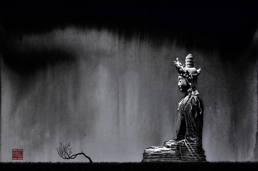 A 2017 pen-and-ink painting by Liu Kai shows a traditional Buddhist sculpture.  (Photo provided to chinadaily.com.cn)
