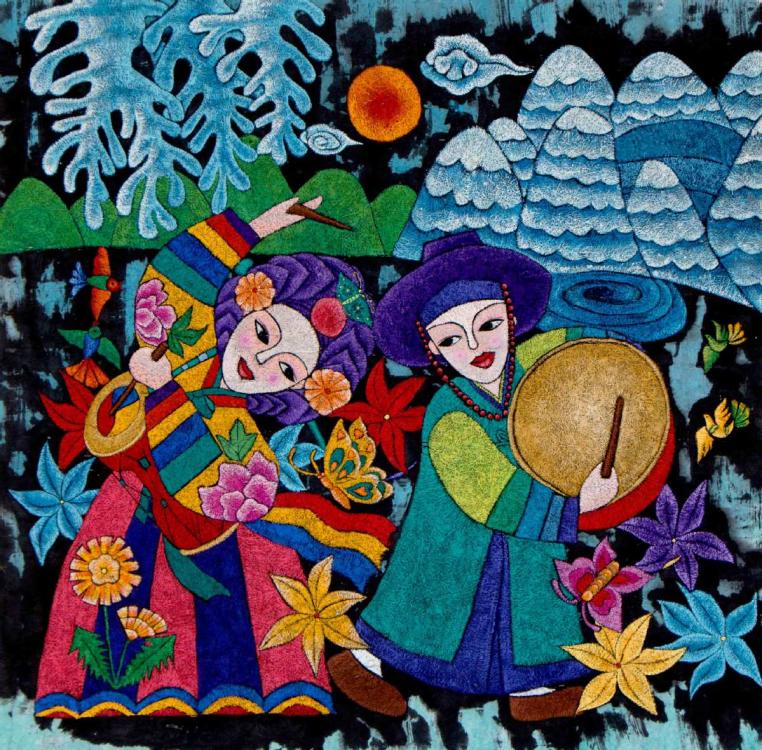 A painting by Shen Chunmei, a native of Huadian, Northeast China\'s Jilin Province, depicts members of the Korean ethnic group in the area. (Photo by Kang Meihua/for chinadaily.com.cn)