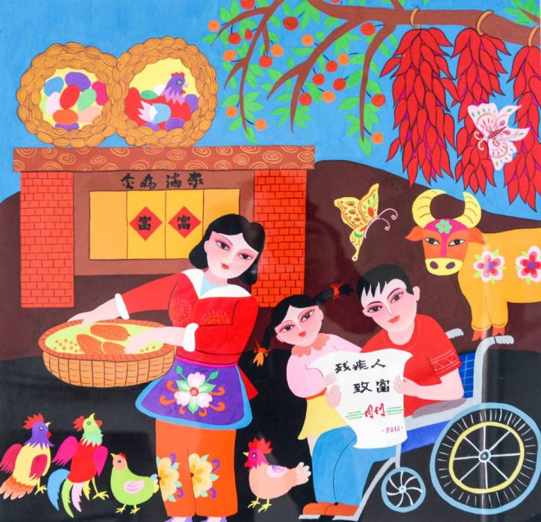 A painting by Liu Binnan, a native of Huadian, Northeast China\'s Jilin Province, depicts rural life in the area.  (Photo by Kang Meihua/for chinadaily.com.cn)