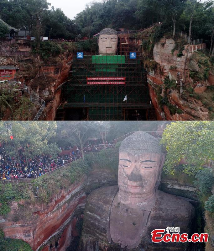 Photos taken on Jan. 17, 2019 (U) and Feb. 20, 2018 show the before and after of restoration work on the Leshan Giant Buddha statue. The 71-meter-tall statue, carved in the 8th century on a hillside overlooking the confluence of three rivers, is the largest Buddhist sculpture in the world. (Photo: China News Service/Liu Zhongjun)