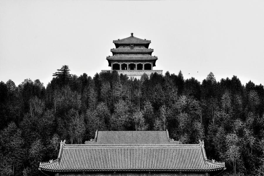 A 2017 pen-and-ink painting by Liu Kai shows traditional Chinese architecture on a hill.  (Photo provided to chinadaily.com.cn)