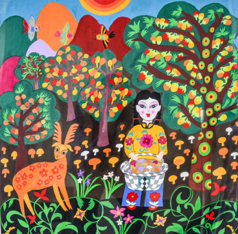 A painting by Song Lei, a native of Huadian, Northeast China\'s Jilin Province, depicts rural scenery in the area. (Photo by Kang Meihua/for chinadaily.com.cn)