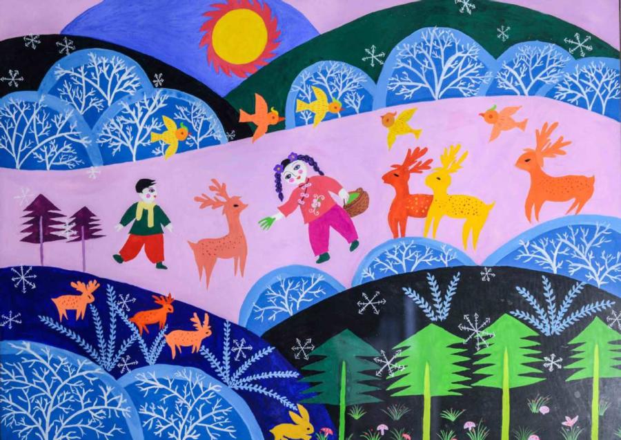 A painting by Chai Xiaojing, a native of Huadian, Northeast China\'s Jilin Province, depicts rural life in the area.  (Photo by Kang Meihua/for chinadaily.com.cn)