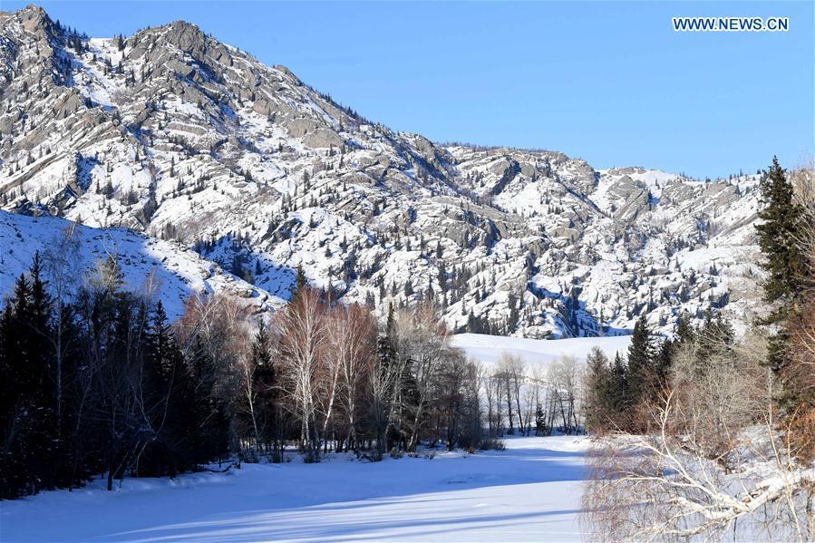 Photo taken on Jan. 19, 2019 shows the winter scenery of Keketuohai scenic spot in Altay, northwest China\'s Xinjiang Uygur Autonomous Region. (Xinhua/Sadat)