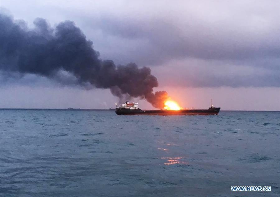 Photo taken on Jan. 21, 2019 shows a burning ship in the Kerch Strait. Two ships caught fire after a possible explosion while moving through the Kerch Strait, killing one sailor on board, Russia\'s Federal Agency of Maritime and River Transport (Rosmorrechflot) said Monday. (Xinhua/Sputnik)