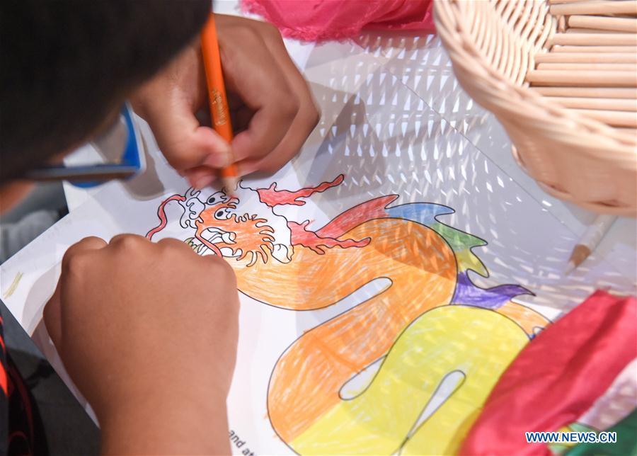 A 7-year-old boy Liam colors a Chinese dragon in Te Papa, the national museum of New Zealand in Wellington, New Zealand, Jan. 23, 2019. A family event, with a theme on \