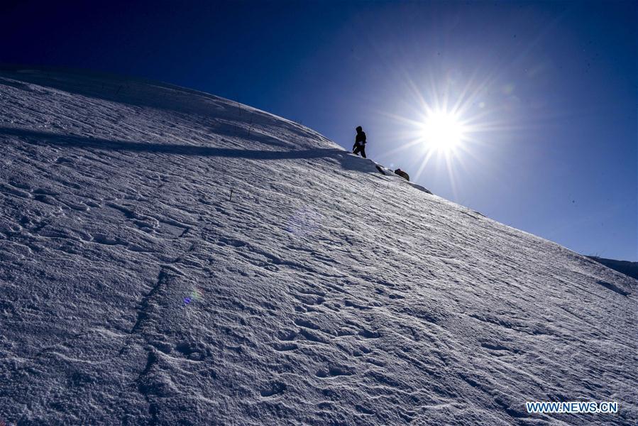 Researchers walk in snow in Hejing County, northwest China\'s Xinjiang Uygur Autonomous Region, Jan. 20, 2019. A nine-member research team with an average age under 30 from the Xinjiang Institute of Ecology and Geography under the Chinese Academy of Sciences started a research on snow cover on the Tianshan Mountains in Xinjiang. Snow cover on the Tianshan Mountains is an important source of water resources. Snowmelt provides an abundant water supply for river flow in this area and also affects the ecological system of agricultural and animal husbandry production in the downstream oasis. (Xinhua/Hu Huhu)