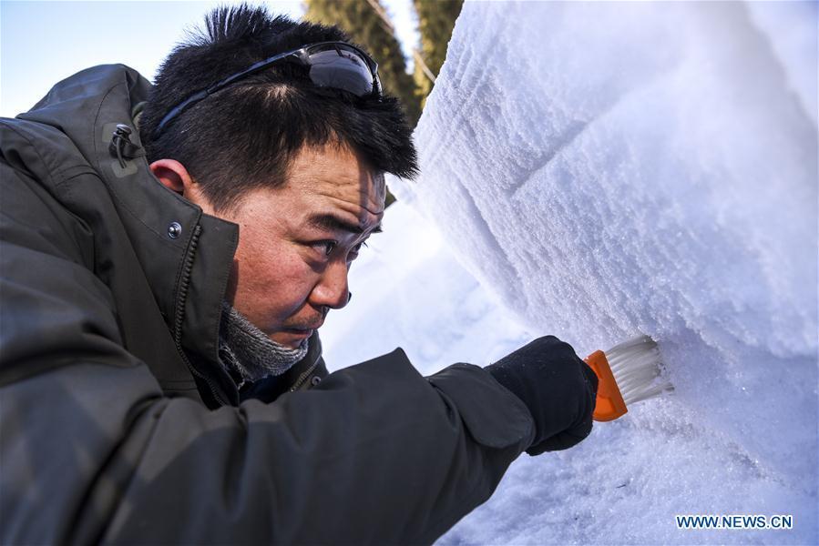 Researcher Hao Jiansheng clears the surface of snow cover in Hejing County, northwest China\'s Xinjiang Uygur Autonomous Region, Jan. 20, 2019. A nine-member research team with an average age under 30 from the Xinjiang Institute of Ecology and Geography under the Chinese Academy of Sciences started a research on snow cover on the Tianshan Mountains in Xinjiang. Snow cover on the Tianshan Mountains is an important source of water resources. Snowmelt provides an abundant water supply for river flow in this area and also affects the ecological system of agricultural and animal husbandry production in the downstream oasis. (Xinhua/Hu Huhu)