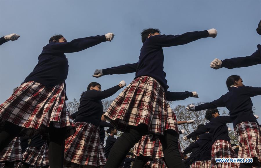 Indian students take part in the final rehearsal of the upcoming India Republic Day parade in Kolkata, India, Jan. 24, 2019. India will celebrate its Republic Day on Jan. 26, 2019. (Xinhua/Tumpa Mondal)
