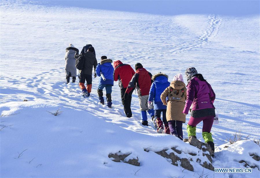 Researchers walk in snow in Gongliu County, northwest China\'s Xinjiang Uygur Autonomous Region, Jan. 18, 2019. A nine-member research team with an average age under 30 from the Xinjiang Institute of Ecology and Geography under the Chinese Academy of Sciences started a research on snow cover on the Tianshan Mountains in Xinjiang. Snow cover on the Tianshan Mountains is an important source of water resources. Snowmelt provides an abundant water supply for river flow in this area and also affects the ecological system of agricultural and animal husbandry production in the downstream oasis. (Xinhua/Bai Jiali)
