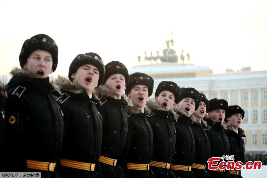 A rehearsal for the military parade which will take place at Dvortsovaya (Palace) Square on Jan. 27 to celebrate the 75th anniversary of the end of the Siege of Leningrad, in St. Petersburg, Russia, Jan. 24, 2019. The Nazi German and Finnish siege and blockade of Leningrad, now known as St. Petersburg, was broken on Jan. 18, 1943 but finally lifted Jan. 27, 1944. (Photo/Agencies)
