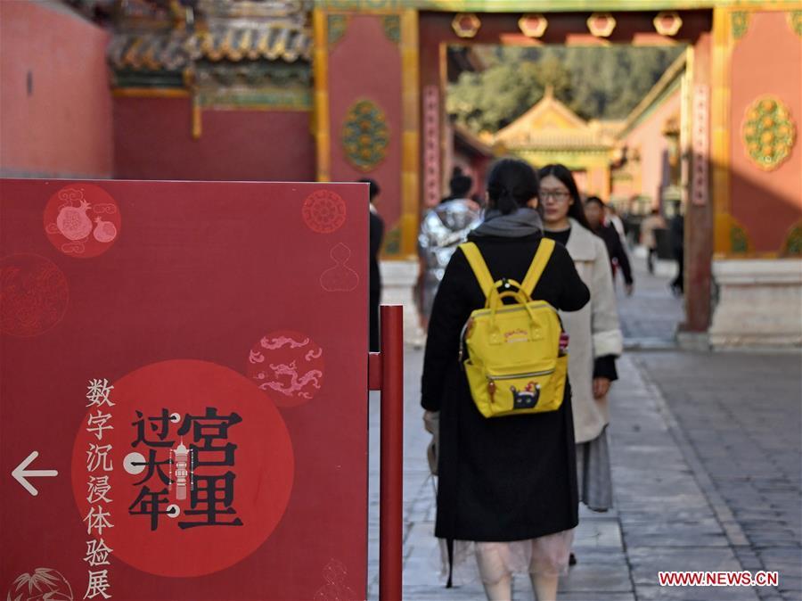 A tourist poses for photos in Palace Museum, also known as the Forbidden City, in Beijing, capital of China, Jan. 25, 2019. The Palace Museum is decorated to celebrate the upcoming Spring Festival , or the Chinese Lunar New Year, which falls on Feb. 5 this year. (Xinhua/Li Xin)
