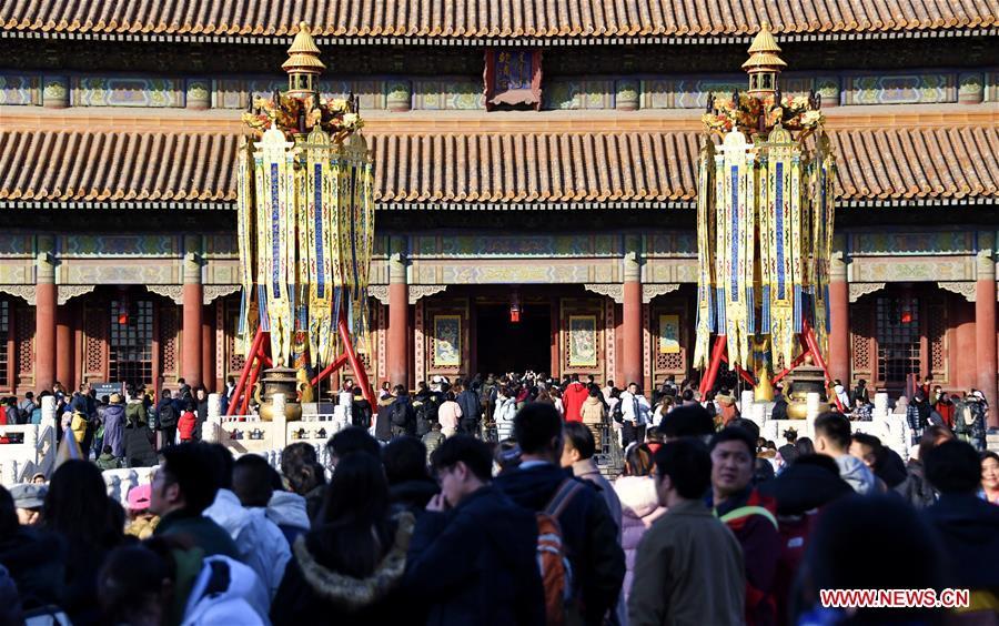 Decorative lanterns are seen at the Palace Museum, also known as the Forbidden City, in Beijing, capital of China, Jan. 25, 2019. The Palace Museum is decorated to celebrate the upcoming Spring Festival, or the Chinese Lunar New Year, which falls on Feb. 5 this year. (Xinhua/Li Xin)