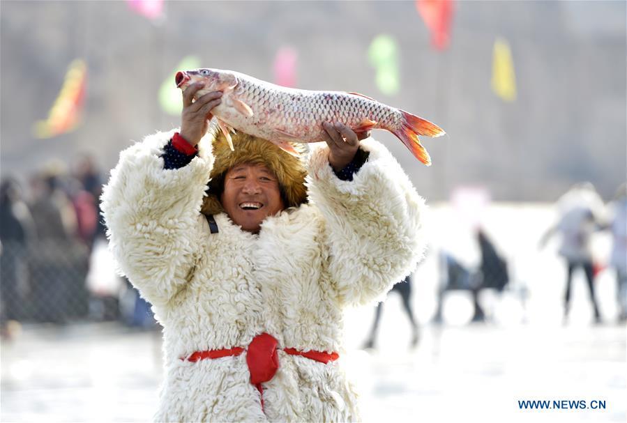 An Inheritor of Chagan Lake winter fishing heritage shows a fish just caught in Qianyaozi Reservoir in Hohhot, capital of north China\'s Inner Mongolia Autonomous Region, Jan. 26, 2019. A two-day winter fishing tourism festival opened here on Saturday, during which 18 inheritors of Chagan Lake winter fishing showed visitors traditional ways of fishing. Winter fishing on ice-covered Chagan Lake dates back to the Liao and Jin dynasties from 10th century to the 13th century in China and was listed into the national intangible cultural heritage in 2008. (Xinhua/Wang Zheng)
