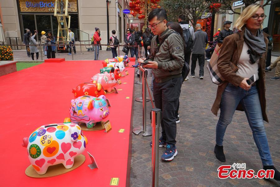 A piglet-themed art installment to promote the importance of saving money has been organized by the Hong Kong Deposit Protection Board and appears in an exhibition on Lee Tung Street in Hong Kong, Jan. 27, 2019. Hong Kong students and local artists designed 66 piglets for the exhibition. 2019 is the Year of the Pig. (Photo: China News Service/Zhang Wei)