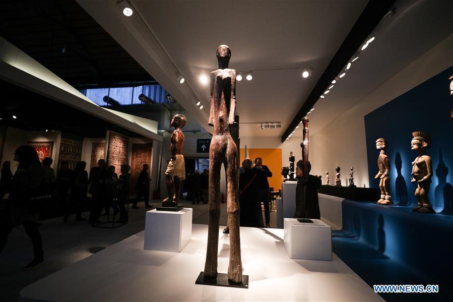 The exhibits from Bernard de Grunne Tribal Fine Arts are seen during the 64th edition of Brafa Art Fair at the Tour & Taxis in Brussels, Belgium, Jan. 28, 2019. A total of 133 Belgian and international galleries presented tens of thousands of art pieces at the fair, which will last till Feb. 3, 2019. Created in 1956, the Brafa Art Fair is one of the world\'s oldest and most prestigious art fairs. (Xinhua/Zheng Huansong)