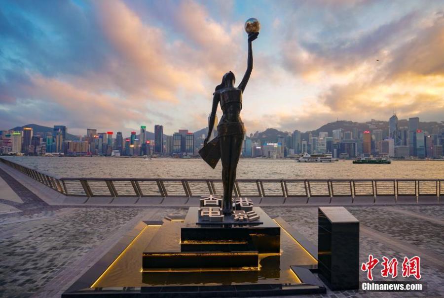 The statue of the Goddess of the Hong Kong Film Awards Association is seen on the renovated Avenue of Stars in Hong Kong. The Avenue of Stars, which pays tribute to those who have helped make Hong Kong the \