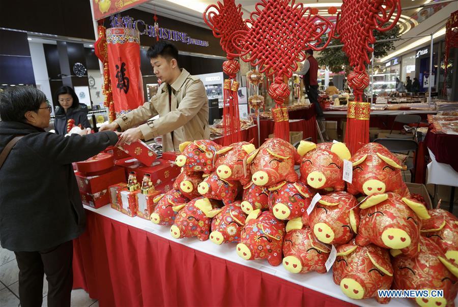 A resident shops for decorations while visiting the 30th Chinese Lunar New Year Flower & Gift Fair in Richmond, Canada, Jan. 30, 2019. The seven-day Chinese Lunar New Year Flower & Gift Fair, west Canada\'s largest indoor Lunar New Year festivity, was opened on Tuesday. (Xinhua /Liang Sen)