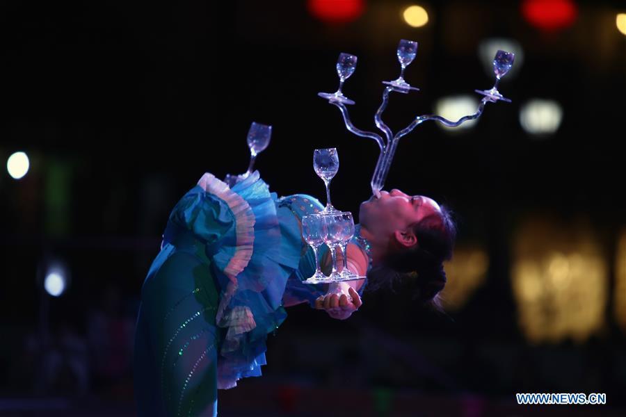 An artist from north China\'s Shanxi Province performs acrobatics at a temple fair celebrating the Chinese Spring Festival in Sharm el-Sheikh, Egypt, Jan. 30, 2019. The Egyptian tourism city of Sharm el-Sheikh embraced a large festivity where hundreds of rejoiced Egyptians and Chinese celebrated the Chinese Spring Festival together. The event hosted by the Chinese Embassy in Egypt kicked off Wednesday and will run through Friday. (Xinhua/Ahmed Gomaa)
