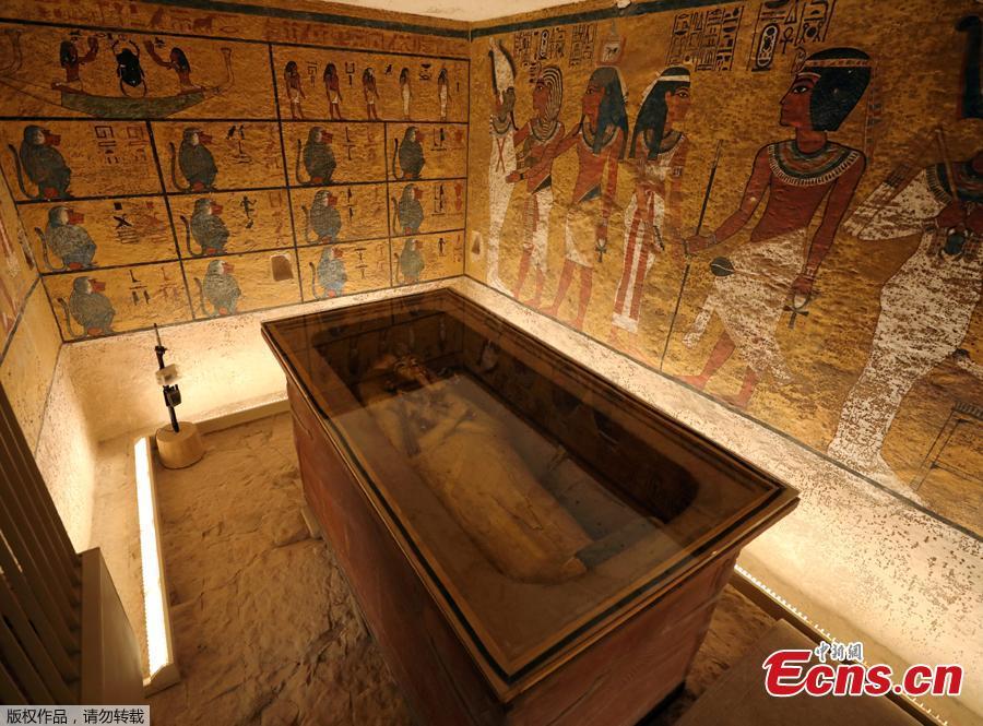 The sarcophagus of boy pharaoh King Tutankhamun is on display in his newly renovated tomb in the Valley of the Kings in Luxor, Egypt January 31, 2019.  A century after the tomb of Tutankhamun was discovered, revealing the mummified boy-king buried more than 3,000 years ago, it has re-opened, brighter and safer thanks to painstaking work to repair damage caused by dust, damp and visitors. (Photo/Agencies)