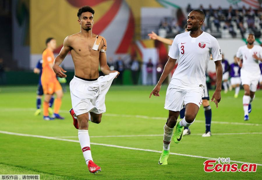 Qatar\'s Akram Afif celebrates scoring their third goal with team mates at the Zayed Sports City Stadium, Abu Dhabi, United Arab Emirates, February 1, 2019. Qatar stunned four-time champion Japan 3-1 to win the AFC Asian Cup for the first time as striker Almoez Ali scored his record-breaking ninth goal in the tournament on Friday. (Photo/Agencies)