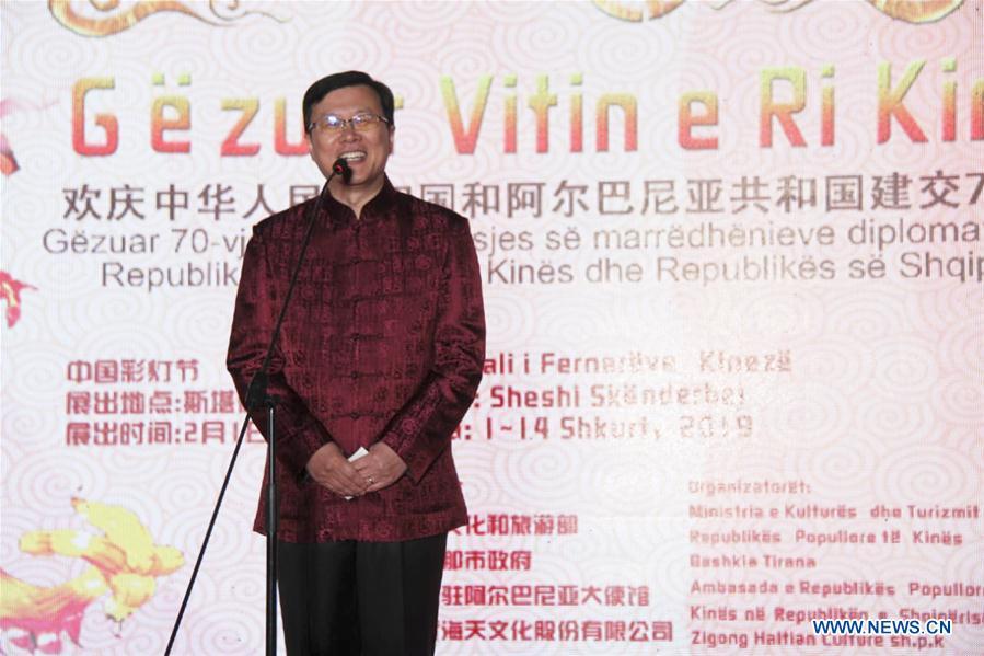 Chinese Ambassador to Albania Zhou Ding speaks at the opening ceremony of the Chinese Lantern Festival in Tirana, capital of Albania, on Feb. 1, 2019. Albania joined the celebration of the Chinese New Year, with a ceremony marking the opening of \