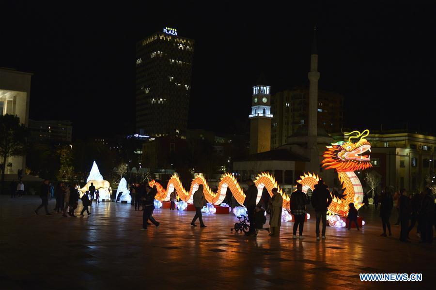 A Chinese dragon-shaped lantern is seen at the Chinese Lantern Festival in Tirana, capital of Albania, on Feb. 1, 2019. Albania joined the celebration of the Chinese New Year, with a ceremony marking the opening of \