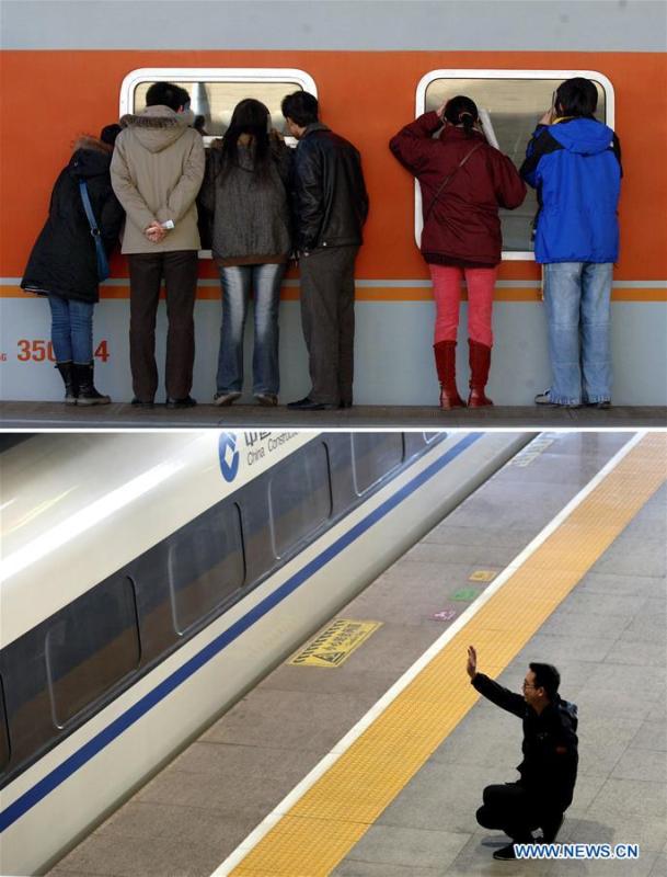 This combo photo shows people peeking through train windows as they see off friends and relatives at the Beijing Railway Station in Beijing, capital of China, Feb. 3, 2007 (top, photo taken by Li Wen); and a man waving goodbye to his family members who are aboard a departing train at the Shijiazhuang Railway Station in Shijiazhuang, north China\'s Hebei Province, Jan. 21, 2019 (bottom, photo taken by Liang Zidong). (Xinhua)