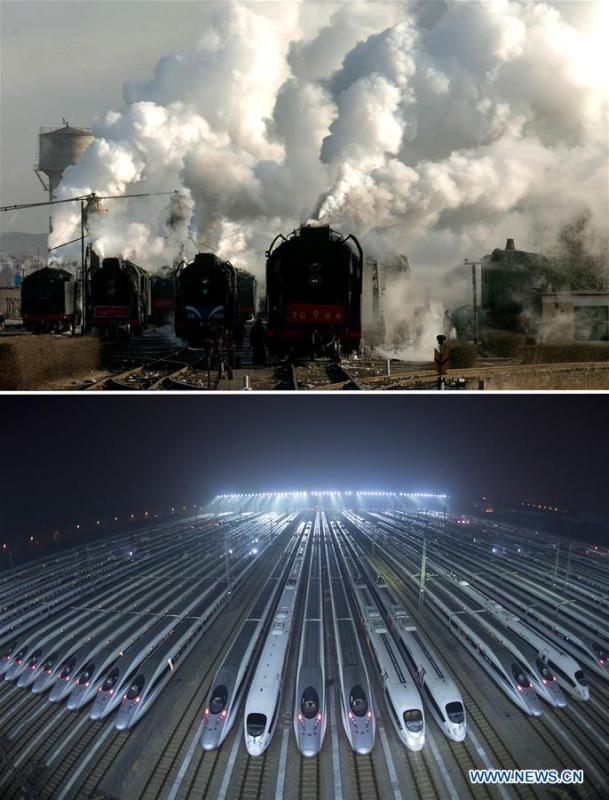 This combo photo shows old-style steam locomotives kept in extended service on the Jining-Tongliao railway in north China\'s Inner Mongolia Autonomous Region, Dec. 7, 2005 (top, photo taken by Zhang Ling); and bullet trains waiting for maintenance at a train depot in Wuhan, central China\'s Hubei Province, Jan. 20, 2019 (bottom, photo taken by Xiong Qi). (Xinhua)