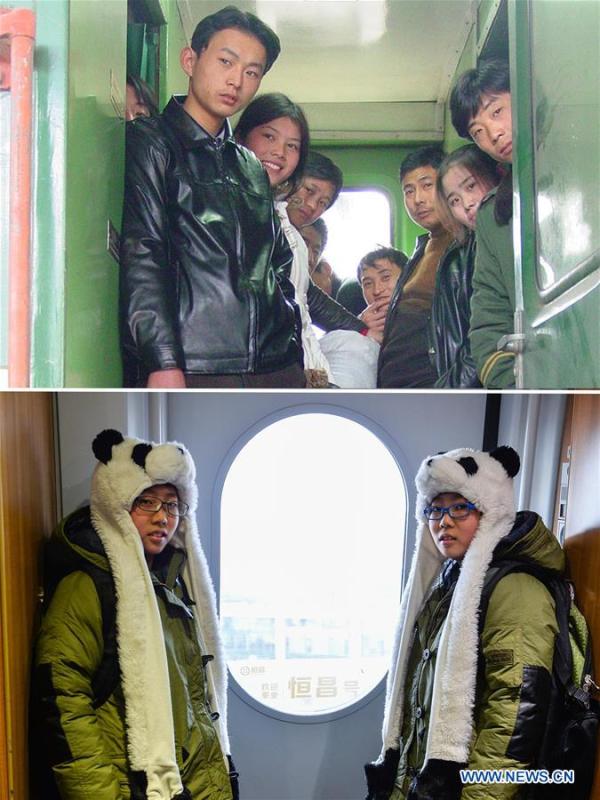 This combo photo shows passengers without seats looking out of a train traveling from Shanghai to Fuyang, as the train pulls into the Nanjing Railway Station in Nanjing, east China\'s Jiangsu Province, Jan. 7, 2004 (top, file photo); and twin brothers Liu Hong (L) and Liu Xiang standing next to the door of the train G118 while travelling from Rizhao, east China\'s Shandong Province to Beijing, capital of China, Jan. 24, 2016 (bottom, photo taken by Li Xiang). (Xinhua)
