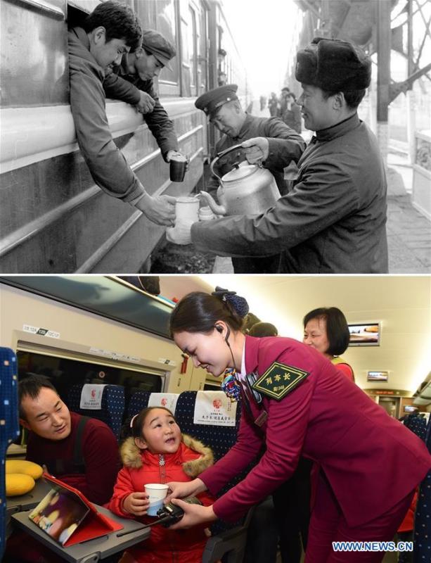 This combo photo shows station staff members offering hot water for train passengers at the Shijiazhuang Railway Station during the Spring Festival travel season in Shijiazhuang, north China\'s Hebei Province in 1984 (top, photo taken by Zhao Liansheng); and train attendant Liao Hui of the Nanchang Railway Bureau offering a cup of water for a young passenger on Feb. 6, 2016 (bottom, photo taken by Jiang Kehong). (Xinhua)
