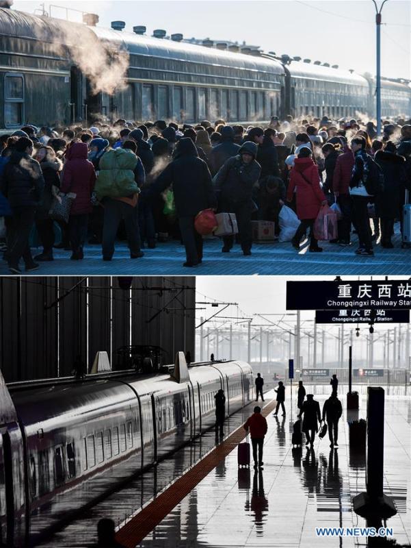 This combo photo shows passengers boarding an old-style green train on a platform at the Genhe Railway Station in Hulun Buir, north China\'s Inner Mongolia Autonomous Region, on Jan. 31, 2016 (top, photo taken by Lian Zhen); and a bullet train which is about to depart from Chongqing West Station in southwest China\'s Chongqing, Feb. 12, 2018 (bottom, photo taken by Liu Chan). (Xinhua)