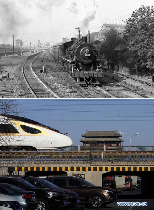 This combo photo shows the first Beijing-Guangzhou direct train leaving the Beijing Railway Station on Oct. 14, 1957 (top, photo taken by Meng Qingbiao); and a Fuxing bullet train passing by the Yongdingmen gate tower as it travels on the Beijing-Tianjin intercity rail, Jan. 25, 2019 (bottom, photo taken by Xing Guangli). (Xinhua)
