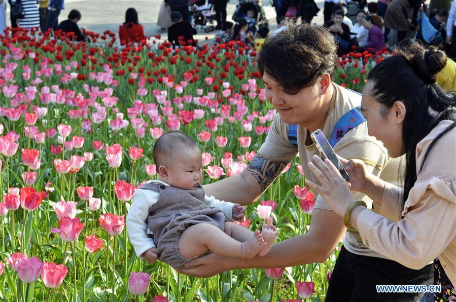 A citizen holds a baby for photos with tulip flowers during Spring Festival holiday at Liuzhou Expo Garden in Liuzhou City, south China\'s Guangxi Zhuang Autonomous Region, Feb. 7, 2019. (Xinhua/Li Bin)