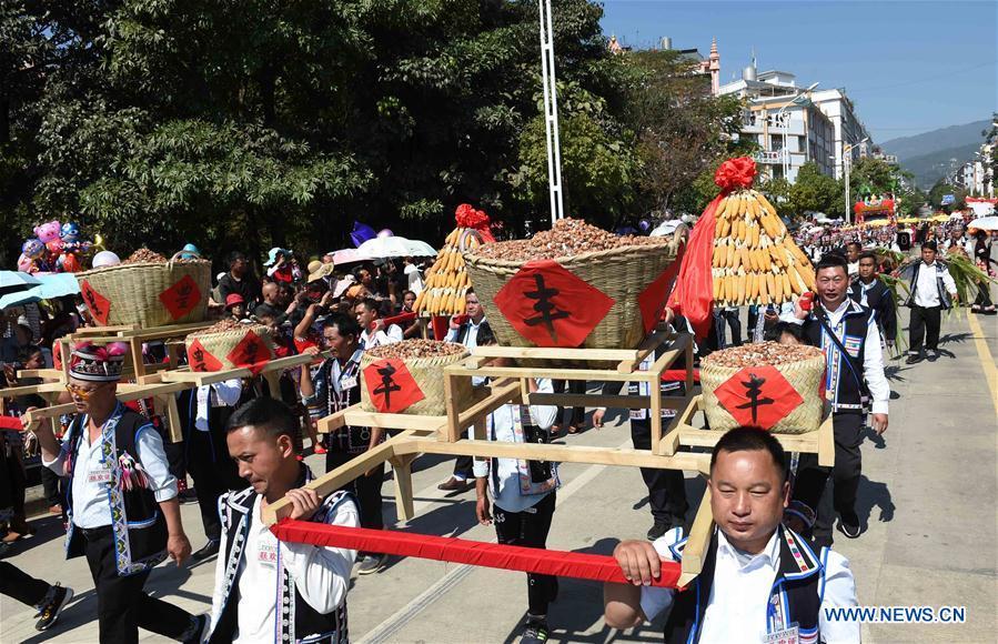 People display harvests during a parade at Lancang Lahu Autonomous County in Pu\'er City, southwest China\'s Yunnan Province, Feb. 7, 2018. People of ethnic groups wearing their traditional festive costumes took part in a parade to celebrate the Chinese Lunar New Year in Lancang Lahu Autonomous County. (Xinhua/Yang Zongyou)
