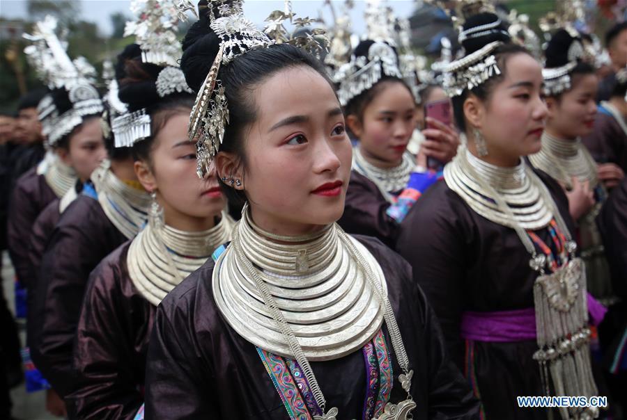 People of Dong ethnic group prepare to perform during the Spring Festival holiday in Dingdong Village of Qiandongnan Miao and Dong Autonomous Prefecture, southwest China\'s Guizhou Province, Feb. 8, 2019. (Xinhua/Long Linzhi)