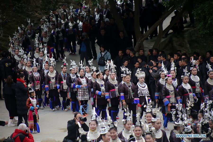 People of Dong ethnic group perform during the Spring Festival holiday in Dingdong Village of Qiandongnan Miao and Dong Autonomous Prefecture, southwest China\'s Guizhou Province, Feb. 8, 2019. (Xinhua/Long Linzhi)