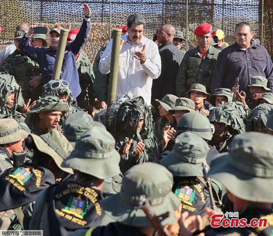 Venezuelan President Nicolas Maduro leads military exercises on Sunday, Feb. 10, 2019, pledging to strengthen the country\'s anti-aircraft defensive system. Maduro said he will make \