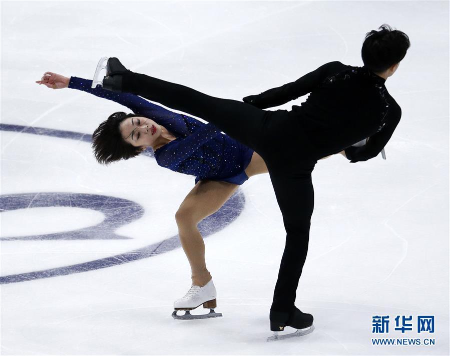 Sui Wenjing and Han Cong perform during the pairs free skate competition at the Four Continents Figure Skating Championships in Anaheim, U.S., on Feb. 9, 2019. (Photo/Xinhua)