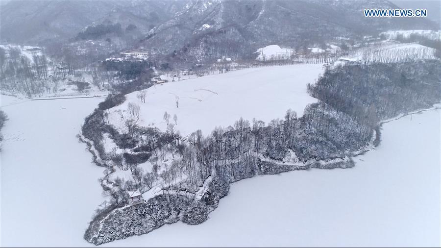 Aerial photo taken on Feb. 12, 2019 shows a snow view of the Yudu Mountain in Yanqing District of Beijing, capital of China. A snowfall hit Beijing on Tuesday. (Xinhua/Wei Lai)