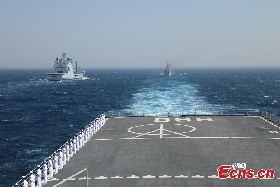 Ships participating in the multinational military drill Peace-19 held in the waters off Karachi, Pakistan from Feb. 11 to 12. The drill undertook 23 programs including ship supply and maneuvers against a pirate attack (Photo: China News Service/Xue Chengqiang)