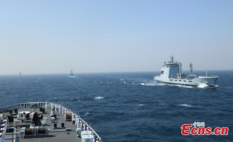 Ships participating in the multinational military drill Peace-19 held in the waters off Karachi, Pakistan from Feb. 11 to 12. The drill undertook 23 programs including ship supply and maneuvers against a pirate attack (Photo: China News Service/Xue Chengqiang)