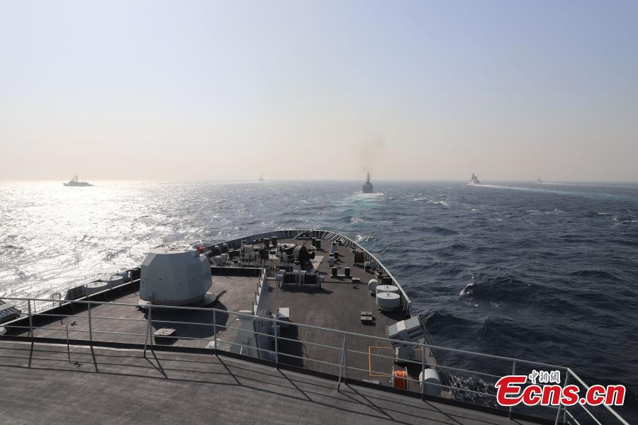 Ships participating in the multinational military drill Peace-19 held in the waters off Karachi, Pakistan from Feb. 11 to 12. The drill undertook 23 programs including ship supply and maneuvers against a pirate attack (Photo: China News Service/Xue Chengqiang)